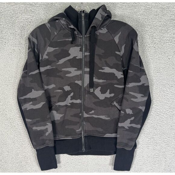 Athleta Triumph Hoodie Womens Small Petite Black Gray Camouflage Full Zip Jacket - Picture 1 of 7